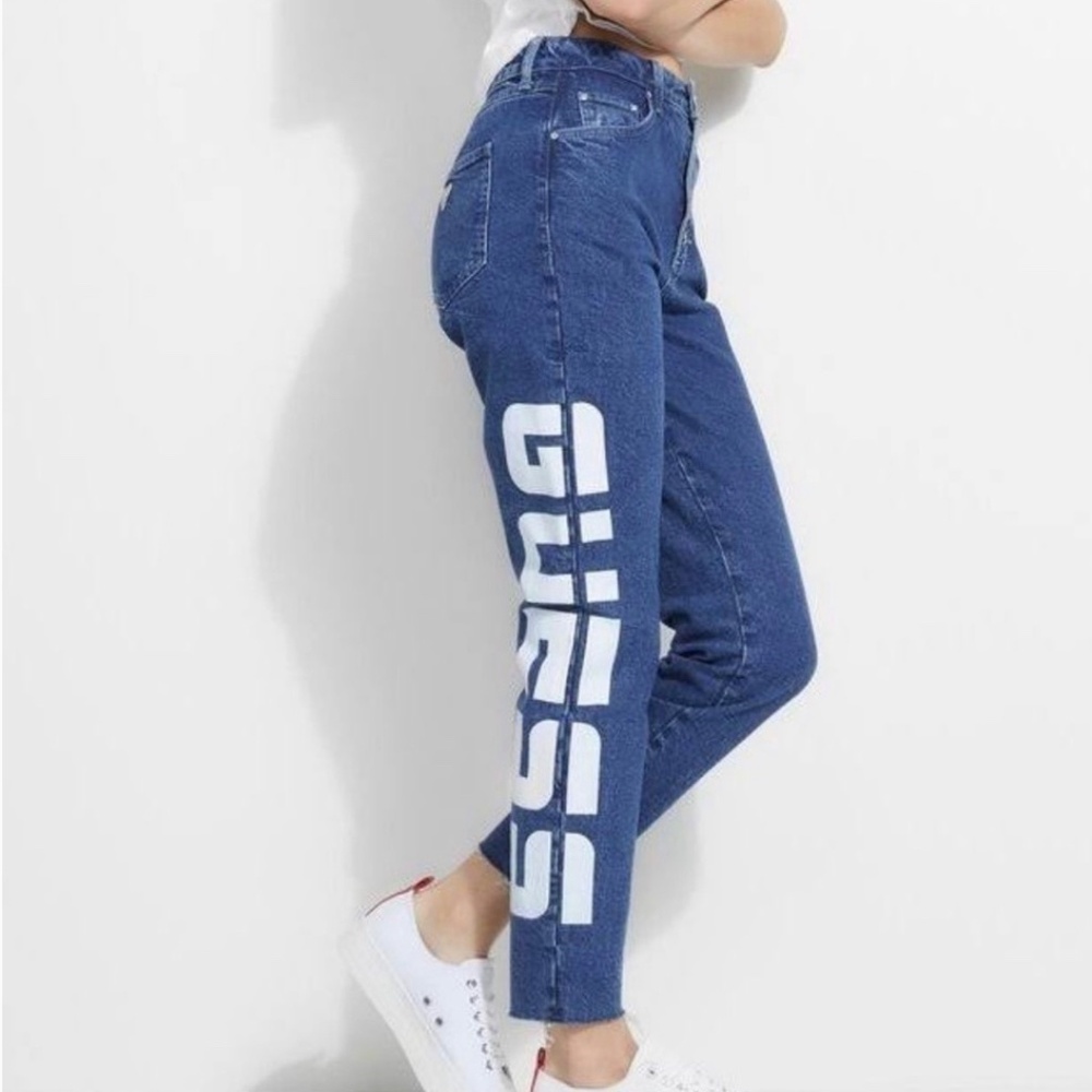 Guess 90's Skinny Super High Rise Logo Jeans Womens 27 Button Fly Medium Wash